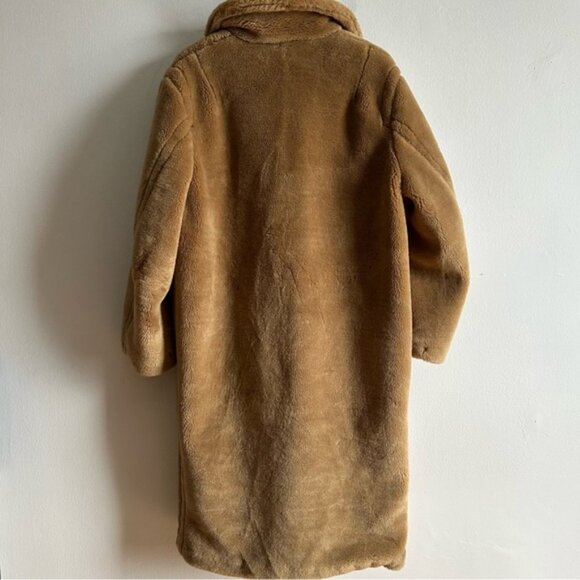 H&M Sz M Tan Brown Long Relaxed Button Front Faux Fur Coat - Picture 10 of 15